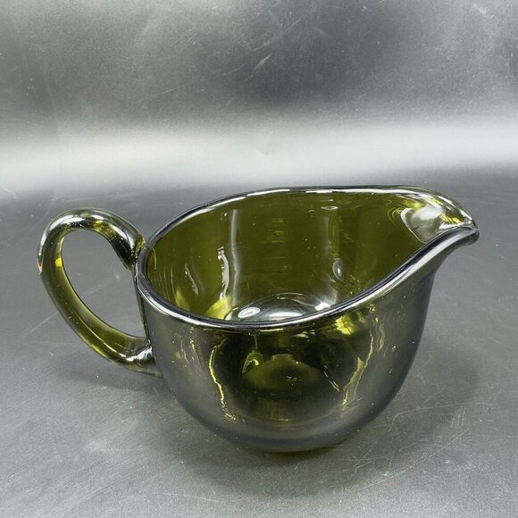Hand Blown Dark Green Art Glass Pitcher Jug With Handle Hand Made Glassware VTG - Picture 10 of 13